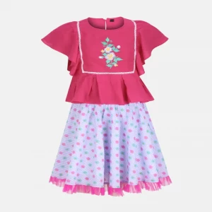 Fuchsia Printed and Embroidered Linen Skirt Top Set