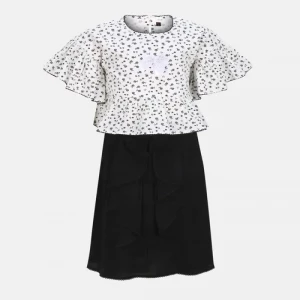 White Printed Cotton Skirt Top Set