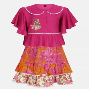 Fuchsia Printed and Embroidered Linen-Cotton Skirt Top Set