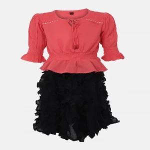 Coral Embroidered Linen-Mixed Cotton Skirt Top
