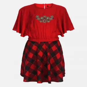 Maroon Printed and Embroidered Linen-Cotton Skirt Top Set
