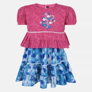 Fuchsia Tie-Dyed and Embroidered Linen-Cotton Skirt Top Set