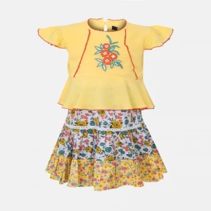 Yellow Printed and Embroidered Linen-Cotton Skirt Top