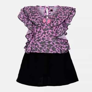 Pink Printed Mixed Cotton Skirt Top Set