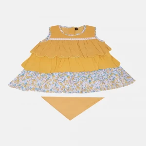 Mustard Printed and Embroidered Cotton Frock Set