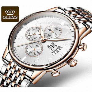 Men's OLEVS 2869 Stainless Steel Luxury Sports Chronograph High Quality Quartz Watch White