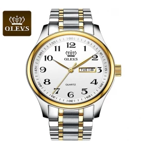 Olevs 5567 Silver & Golden Stainless Steel Analog Wrist Watch For Men White & Silver & Golden