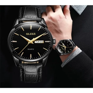 Olevs 6898 New Luxury Brand Men Quartz Waterproof Leather Day And Date Full Black Watch