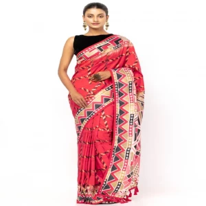 Crimson Red Printed and Embroidered Silk Saree