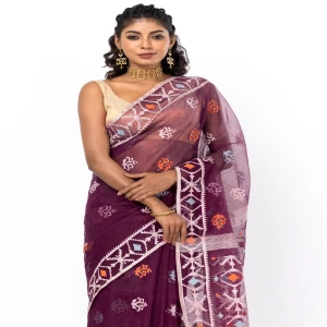 Eggplant Half Silk Jamdani Saree