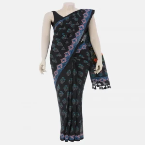 Black Printed and Embroidered Cotton Saree