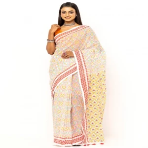 White Printed and Dyed Cotton Saree