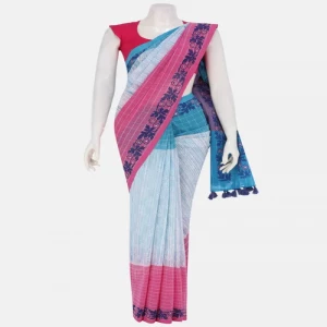 White Printed Brush Painted Cotton Saree