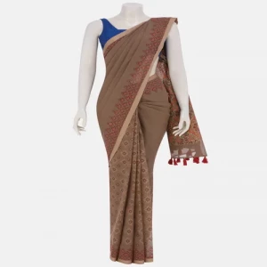 Coffee Printed and Embroidered Cotton Saree