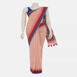 Light Peach Printed and Embroidered Cotton Saree