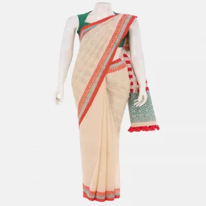 Beige Printed and Appliqued Cotton Saree