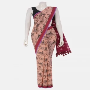 Peach Tie-Dyed and Printed Cotton Saree