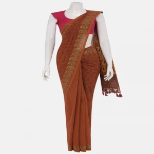 Rust Printed and Appliqued Cotton Saree