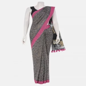 Black Printed and Embroidered Cotton Saree