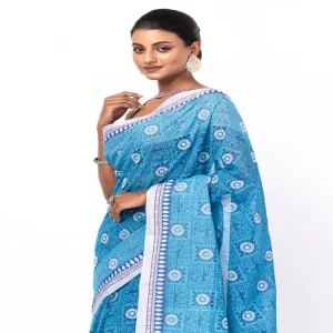 Blue Printed and Embroidered Cotton Saree