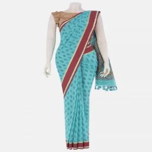 Pastel Blue Printed and Embroidered Cotton Saree