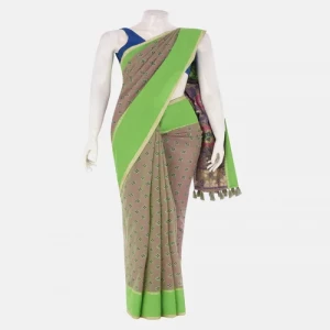 Green and Fuchsia Dual Tone Printed and Appliqued Cotton Saree