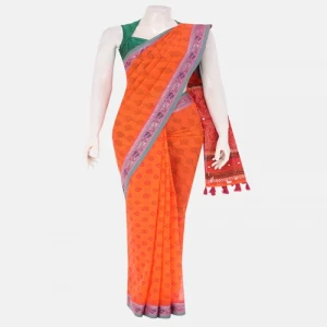 Orange Printed and Embroidered Cotton Saree