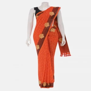 Orange Appliqued and Embroidered Cotton Saree