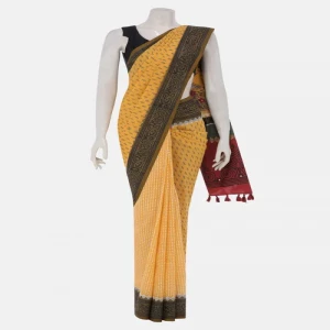 Yellow Printed and Brush Painted Cotton Saree