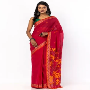 Maroon Appliqued and Embroidered Cotton Saree