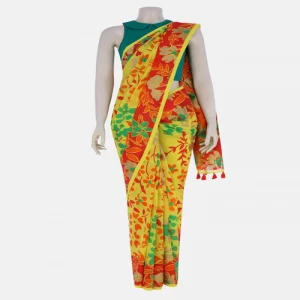 Neon Yellow Printed Cotton Saree