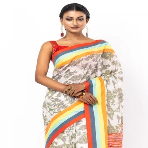 White Printed and Embroidered Cotton Saree