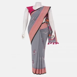 Grey Appliqued and Embroidered Cotton Saree