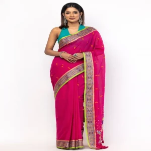 Hot Pink Appliqued and Embroidered Cotton Saree