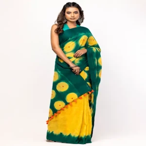 Green Tie-Dyed Printed and Embroidered Cotton Saree