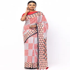 White Printed and Embroidered Cotton Saree