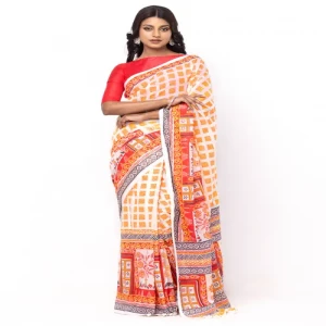 White and Orange Printed Cotton Saree