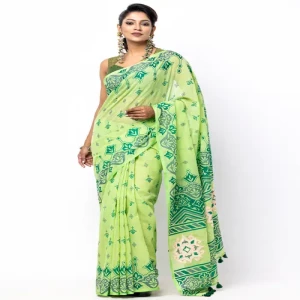 Parrot Green Appliqued and Embroidered Cotton Saree