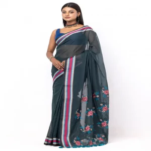 Dark Pine Green Appliqued Cotton Saree