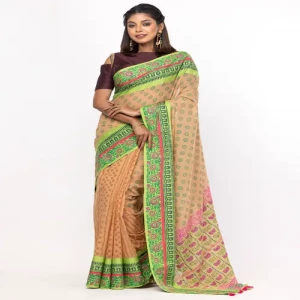 Brown Printed And Embroidered Cotton Saree