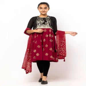 Black/Maroon Printed and Embroidered Linen Shalwar Kameez