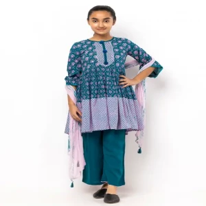 Teal Printed and Tie-Dyed Linen Shalwar Kameez