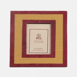 Mustard Yellow and Maroon Leather and Jute Photo Frame