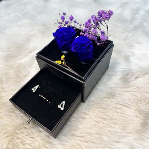 Premium Blue Preserved Rose Box With Jewelry