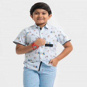 Sky Blue cotton Sort Sleeve Casual Shirt