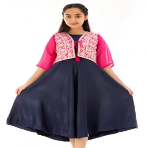 Midnight Blue Mixed Cotton Party Wear Frock With Coaty