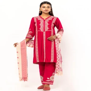 Red Printed and Embroidered Viscose Shalwar Kameez Set