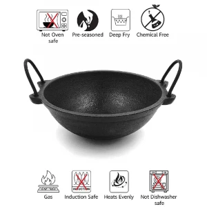 Small Cast Iron Kadai 8 Inch/20cm (Ready to Use-Hand Seasoned by Village Ladies Using Oil), Black