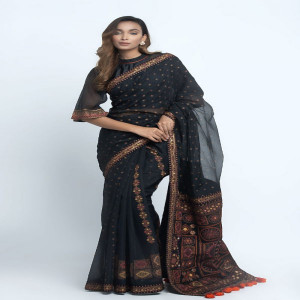 Black Half Silk Printed & Embroidered Saree