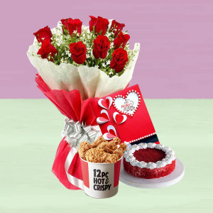 KFC Chicken  Bucket  With  Rose Bouquet & Cake